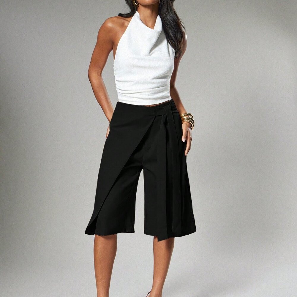 Black Casual Sexy Tailored Wrap Women's Wide Leg Bermuda Shorts with Tie Detail - Picture 4 of 5